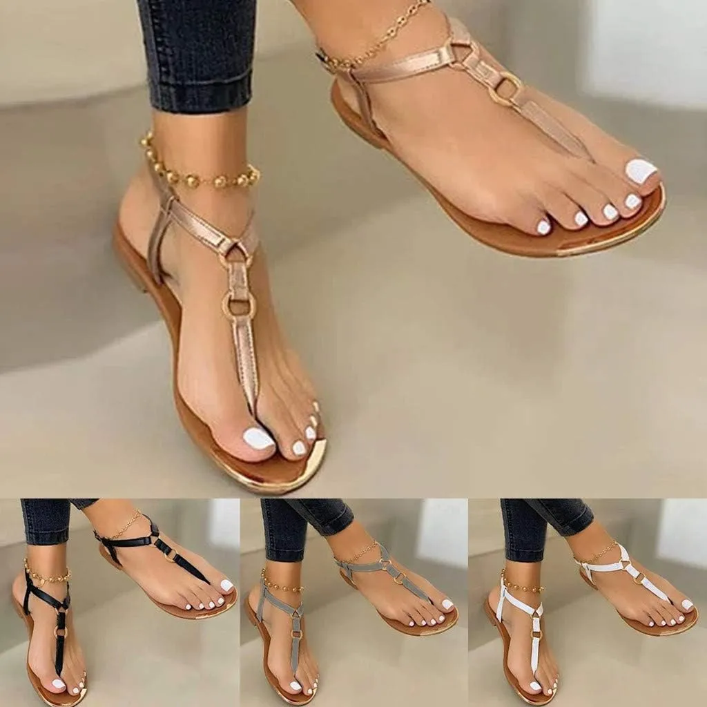 ZBYY Women's T Strap Flat Sandal Flat Thong Sandals with T-Strap and Adjustable Ankle Buckle Beach Sandals for Women