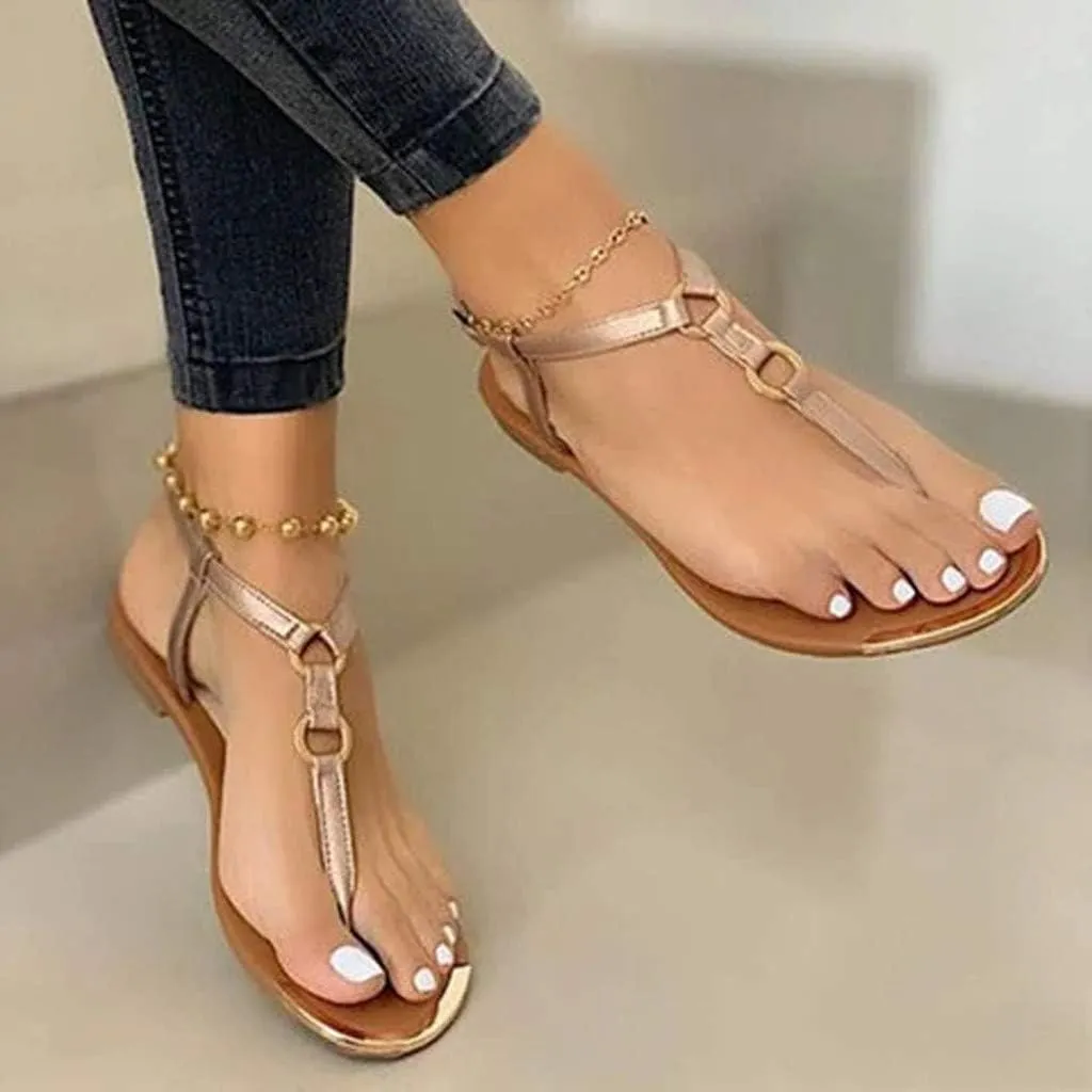 ZBYY Women's T Strap Flat Sandal Flat Thong Sandals with T-Strap and Adjustable Ankle Buckle Beach Sandals for Women