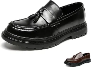 Zeberfi Men's Leather Slip On Tassel Platform Dress Loafers Fashion Round Toe Low Top Non-Slip Luxury Business Formal Shoes Casual Business Loafers Shoes