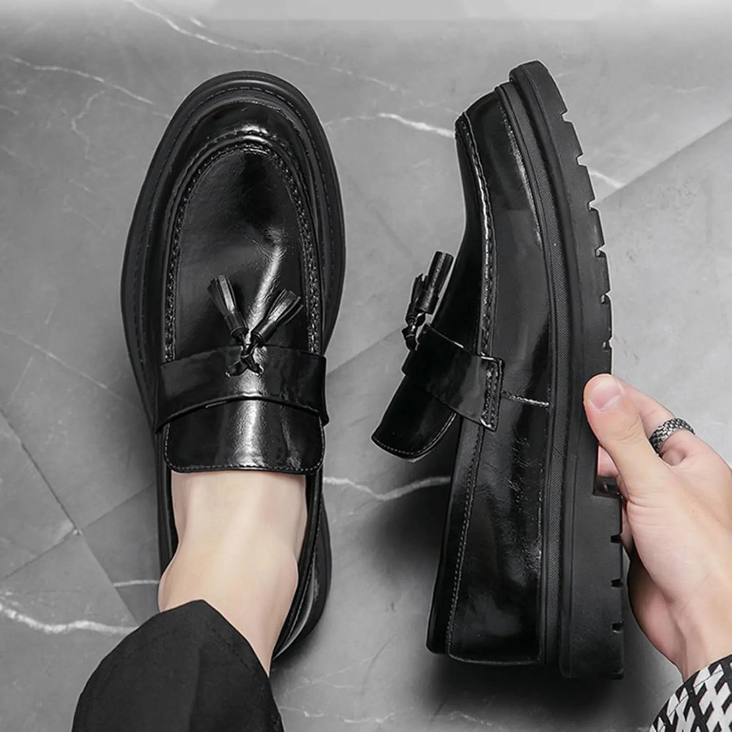 Zeberfi Men's Leather Slip On Tassel Platform Dress Loafers Fashion Round Toe Low Top Non-Slip Luxury Business Formal Shoes Casual Business Loafers Shoes