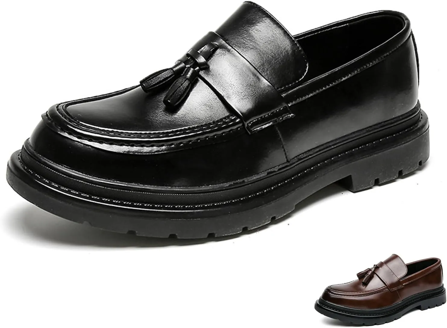 Zeberfi Men's Leather Slip On Tassel Platform Dress Loafers Fashion Round Toe Low Top Non-Slip Luxury Business Formal Shoes Casual Business Loafers Shoes
