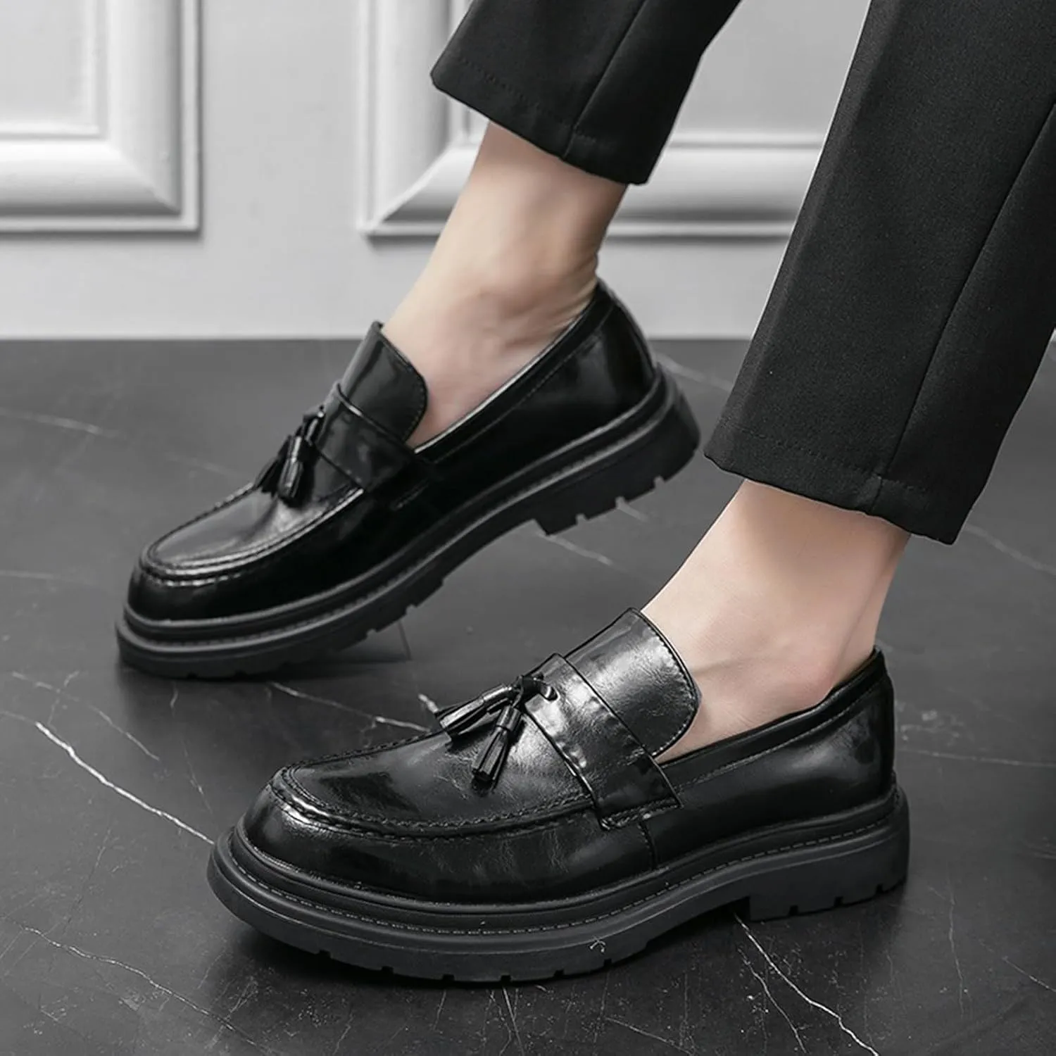 Zeberfi Men's Leather Slip On Tassel Platform Dress Loafers Fashion Round Toe Low Top Non-Slip Luxury Business Formal Shoes Casual Business Loafers Shoes