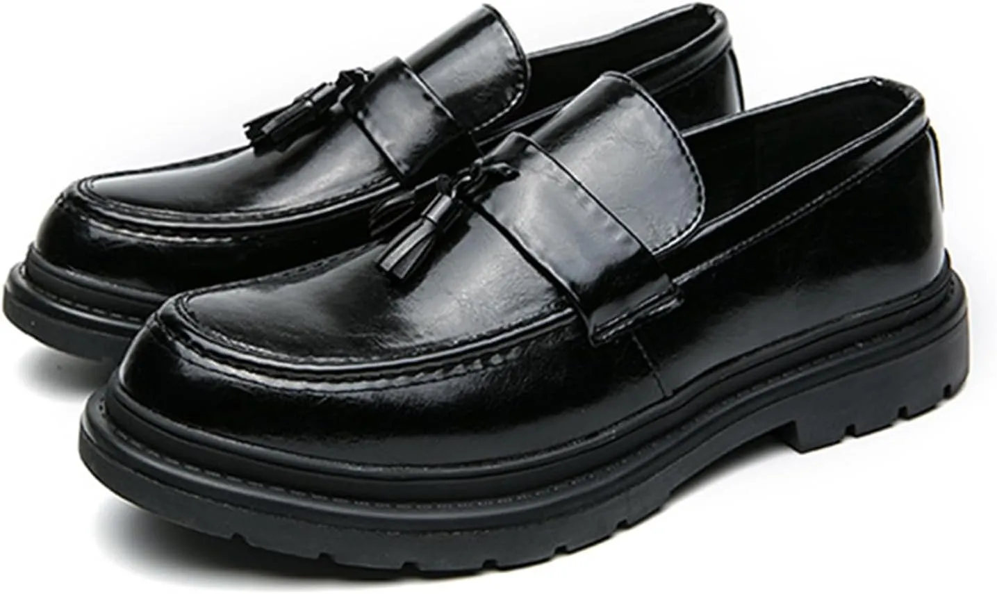 Zeberfi Men's Leather Slip On Tassel Platform Dress Loafers Fashion Round Toe Low Top Non-Slip Luxury Business Formal Shoes Casual Business Loafers Shoes